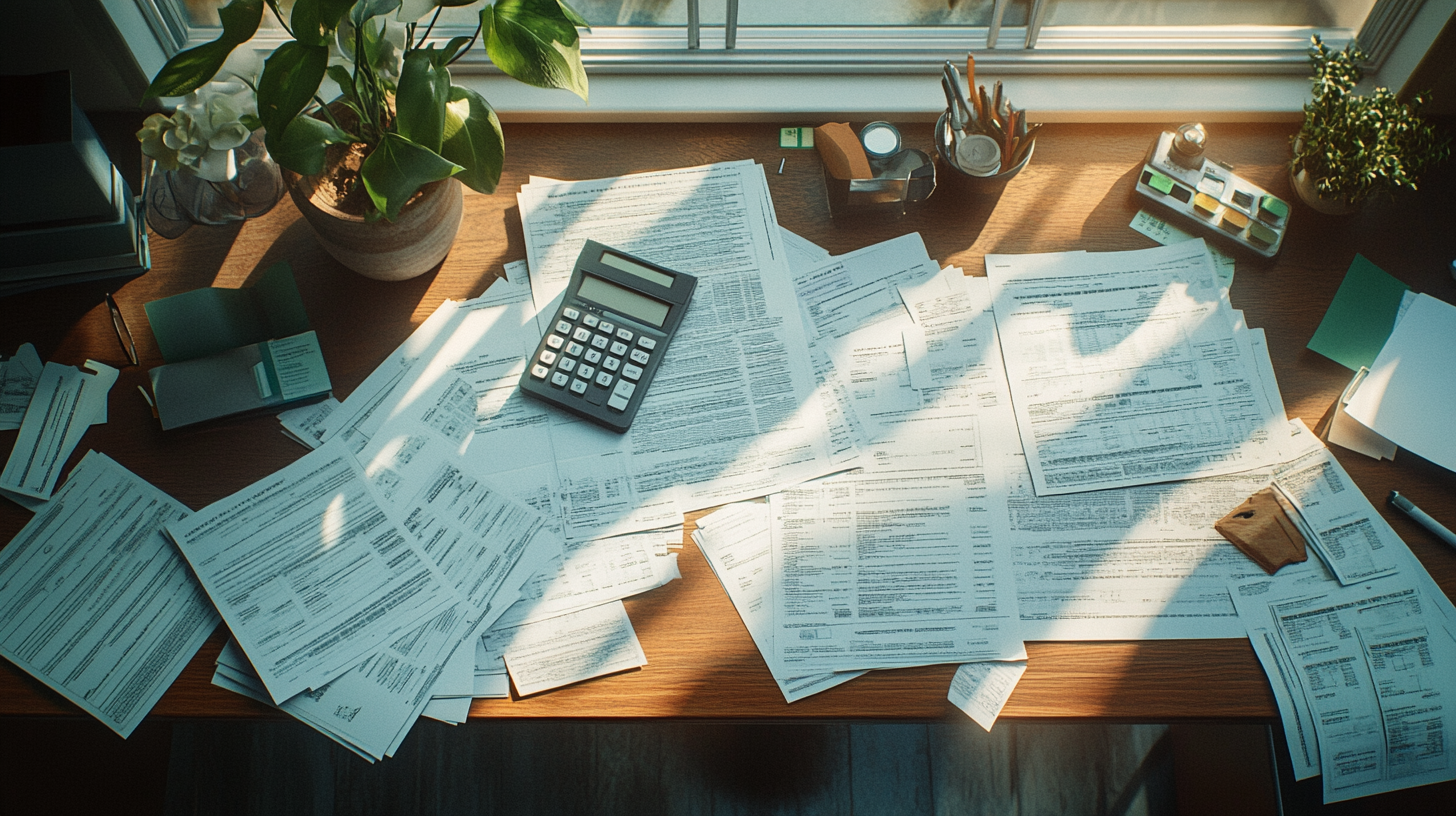Drewniany stół zalany dokumentami podatkowymi i formularzami rozliczeniowymi, oglądany z góry w jasnym świetle dziennym. Pośrodku papierkowego chaosu znajduje się czarny kalkulator. Promienie słońca wpadające przez okno tworzą ciekawe wzory cieni na dokumentach. Na brzegach biurka stoją doniczki z zielonymi roślinami, pojemnik z przyborami do pisania oraz inne akcesoria biurowe.
