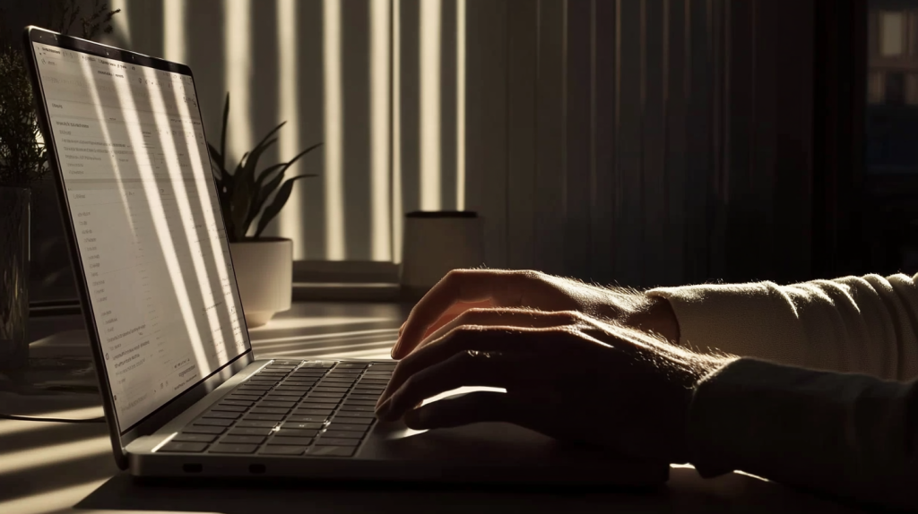 Osoba pracująca na laptopie w zaciemnionym pomieszczeniu. Dłonie na klawiaturze oświetlone są smugami światła wpadającego przez żaluzje okienne, tworząc dramatyczny, kontrastowy efekt. W tle widoczna jest roślina doniczkowa. Na ekranie komputera wyświetla się dokument lub arkusz kalkulacyjny. Całość tworzy atmosferę spokojnej, skoncentrowanej pracy w domowym biurze.