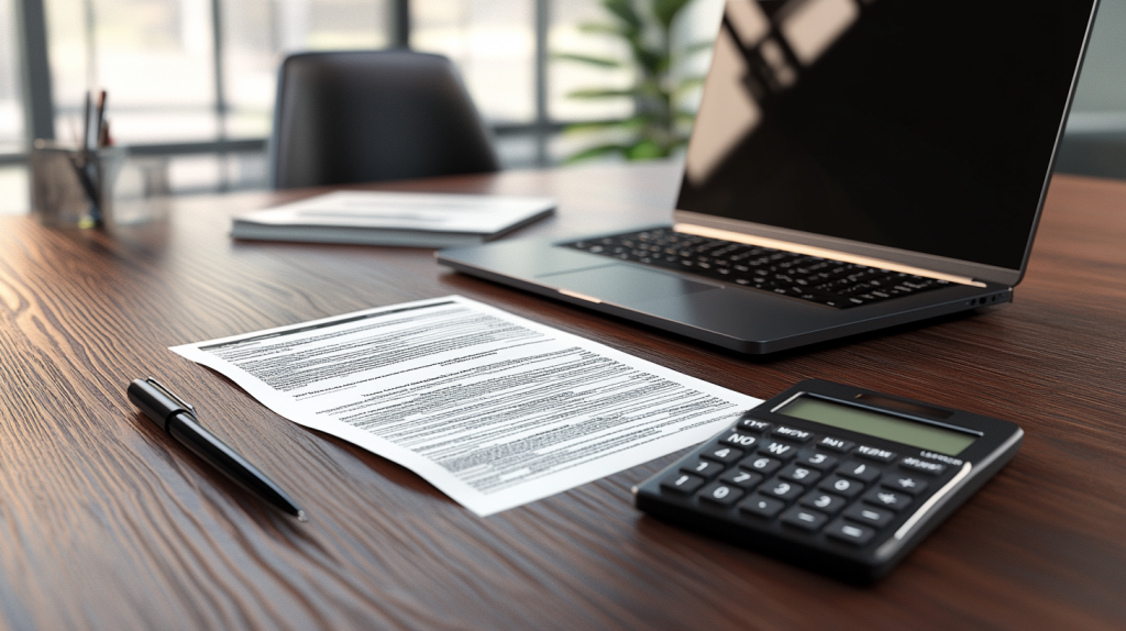 Profesjonalne miejsce pracy z dokumentem finansowym lub umową leżącą na drewnianym biurku. Obok dokumentu znajduje się czarny kalkulator oraz elegancki długopis. W tle widoczny jest nowoczesny laptop z wyłączonym ekranem, krzesło biurowe oraz roślina doniczkowa. Przez duże okna wpada naturalne światło tworząc przyjemną, biznesową atmosferę.