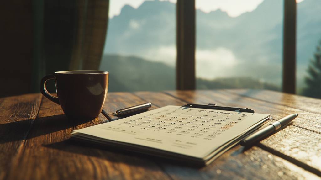 Spokojny poranek przy drewnianym stole z kalendarzem lub harmonogramem, obok którego stoi ciemny kubek z napojem. Na blacie leżą też dwa eleganckie długopisy. W tle za dużymi oknami rozpościera się malowniczy górski krajobraz spowity mgłą.