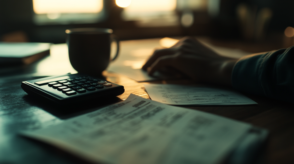 Nastrojowe ujęcie miejsca pracy w przytłumionym oświetleniu. Na drewnianym biurku widoczny jest kalkulator, dokumenty finansowe oraz filiżanka napoju. Dłoń osoby pracującej uchwycona podczas analizy papierów. Ciepłe, miękkie światło pada na powierzchnię stołu, tworząc atmosferę skupienia i pracy z finansami we wczesnych godzinach porannych lub wieczornych. Całość kompozycji oddaje klimat planowania budżetu lub pracy księgowej.