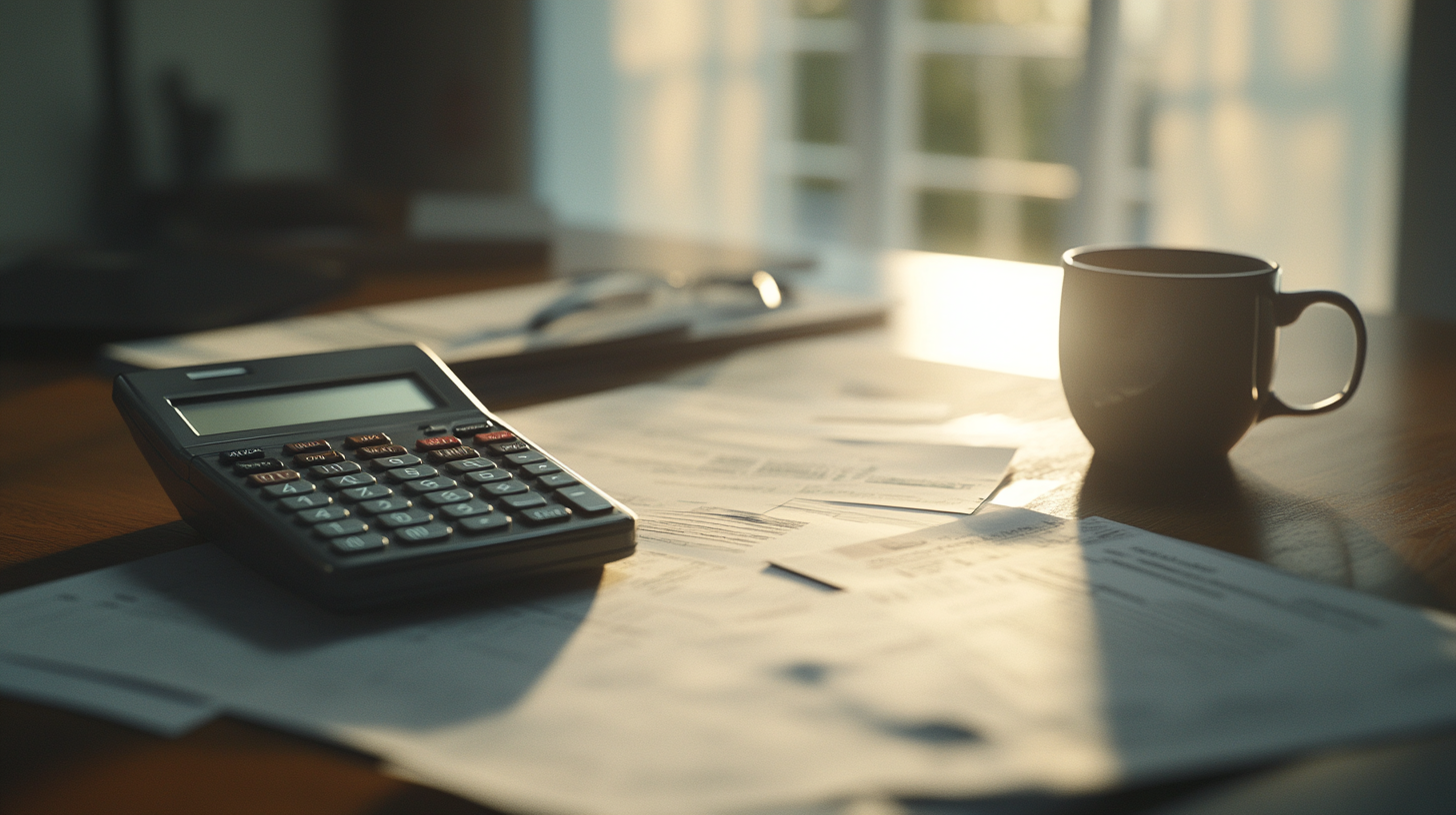 Poranne miejsce pracy z kalkulatorem i dokumentami finansowymi na drewnianym biurku. Obok stoi kubek z napojem, prawdopodobnie kawą. Ciepłe promienie słońca wpadające przez okno tworzą przytulną atmosferę sprzyjającą pracy z finansami. Dokumenty z widocznymi wykresami i liczbami rozłożone są na blacie, sugerując sesję planowania budżetu lub rozliczeń podatkowych.