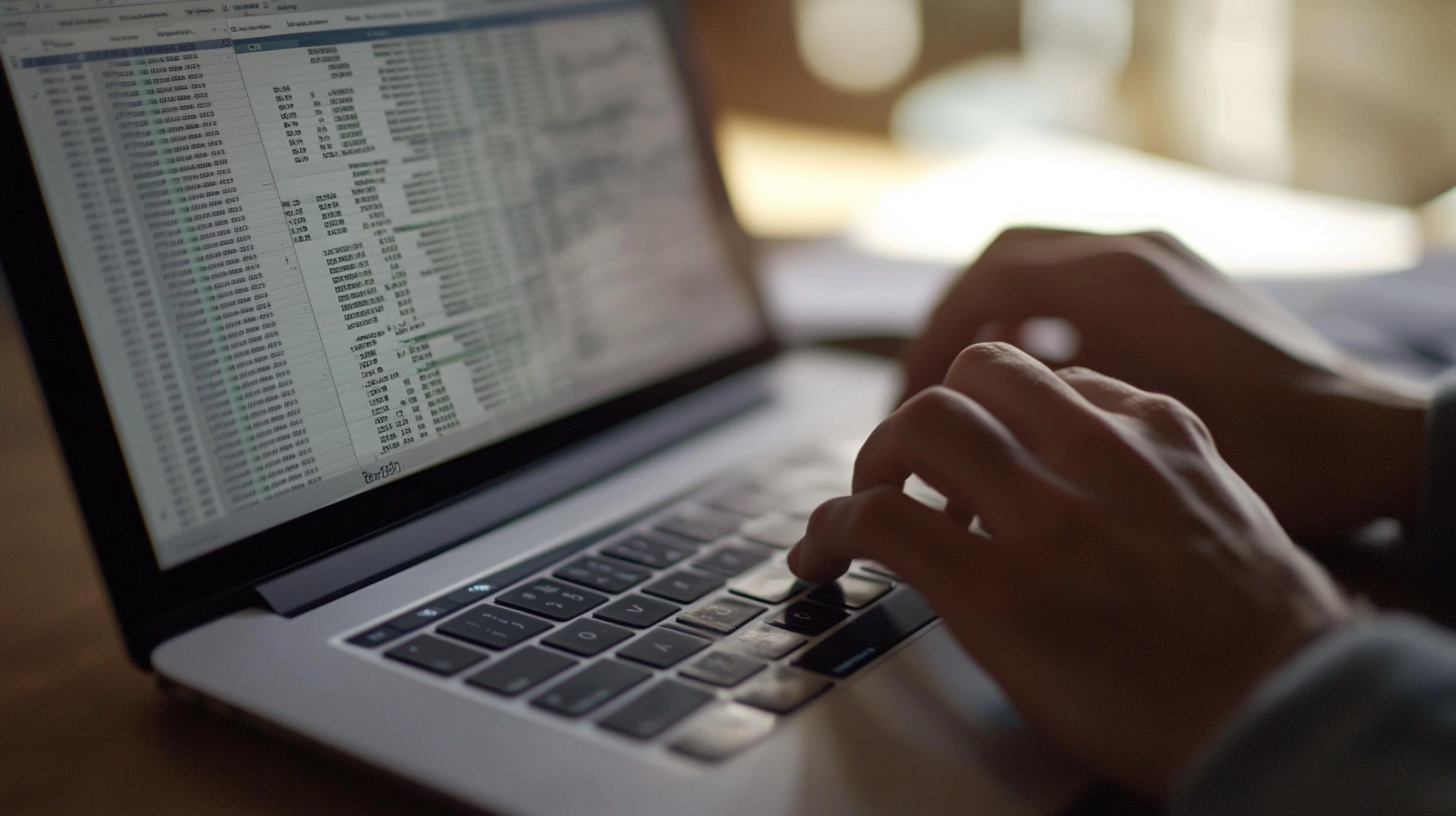 Zbliżenie na dłoń osoby pracującej na laptopie z otwartym arkuszem kalkulacyjnym zawierającym szczegółowe dane finansowe. Na ekranie widoczne są liczne kolumny z datami i wartościami liczbowymi, prawdopodobnie zestawienie transakcji lub analiza budżetowa.
