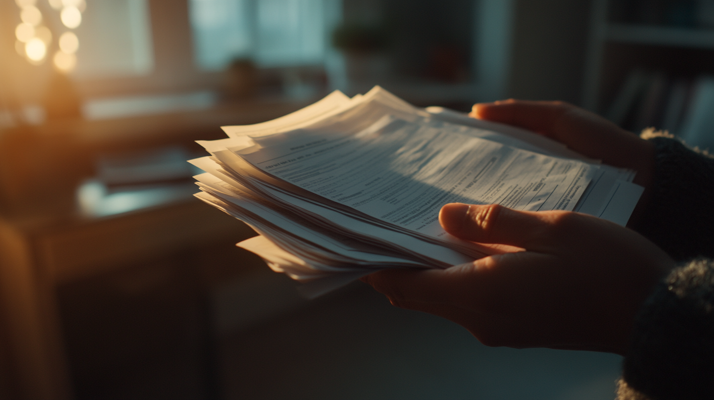 Dłonie trzymające stos dokumentów w ciepłym, złotym świetle o poranku lub zmierzchu. Widoczne są druki z formularzami, prawdopodobnie faktury lub ważne dokumenty biurowe. Promienie słońca delikatnie prześwietlają krawędzie papierów, tworząc nastrojową atmosferę. Tło jest zamazane, sugerując domowe lub biurowe wnętrze. Obraz oddaje moment przeglądania ważnej dokumentacji w spokojnej, refleksyjnej chwili.